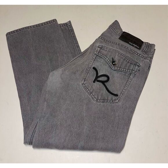 Rocawear Jeans Mens 34x30 Gray Classic Fit Loose Flap Pockets Dark Wash Tag 36 - Picture 1 of 10